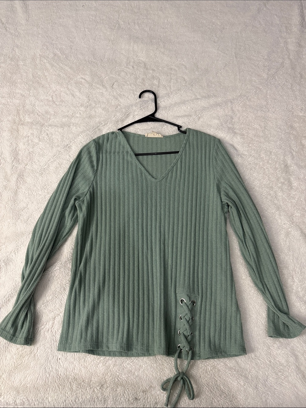 Ribbed V-Neck Long Sleeve Top with Lace-Up Hem - Sage Green